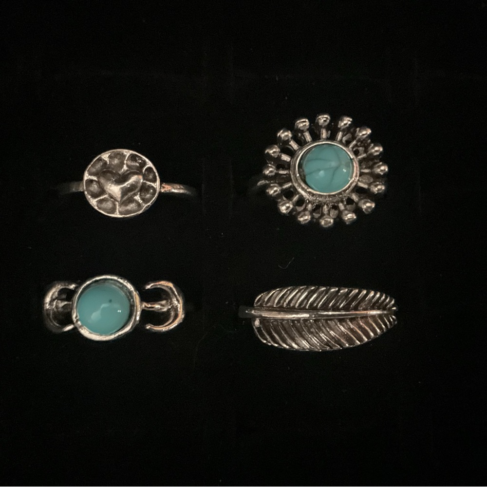 New x4 Silver Tone Ring Synthetic Turquoise Moon Heart Boho Fashion Set Size 5/6